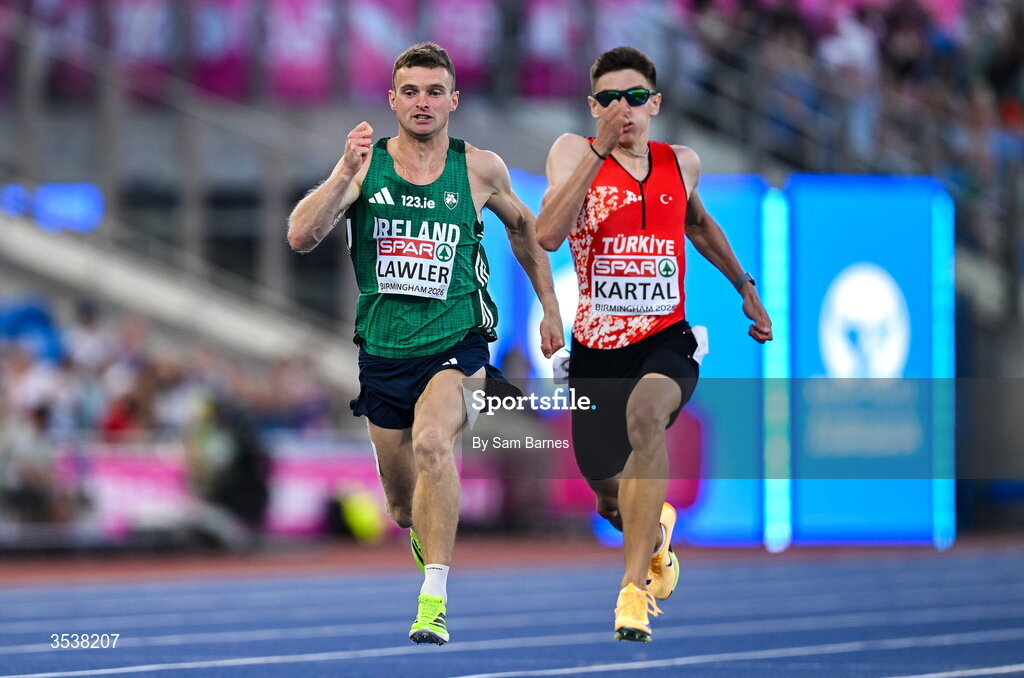 13 August 2026; Marcus Lawler of Ireland, left, competes in his men's 200m semi-final during day four of the European Athletics Championships 2026 at Alexander Stadium in Birmingham, England. Photo by Sam Barnes/Sportsfile