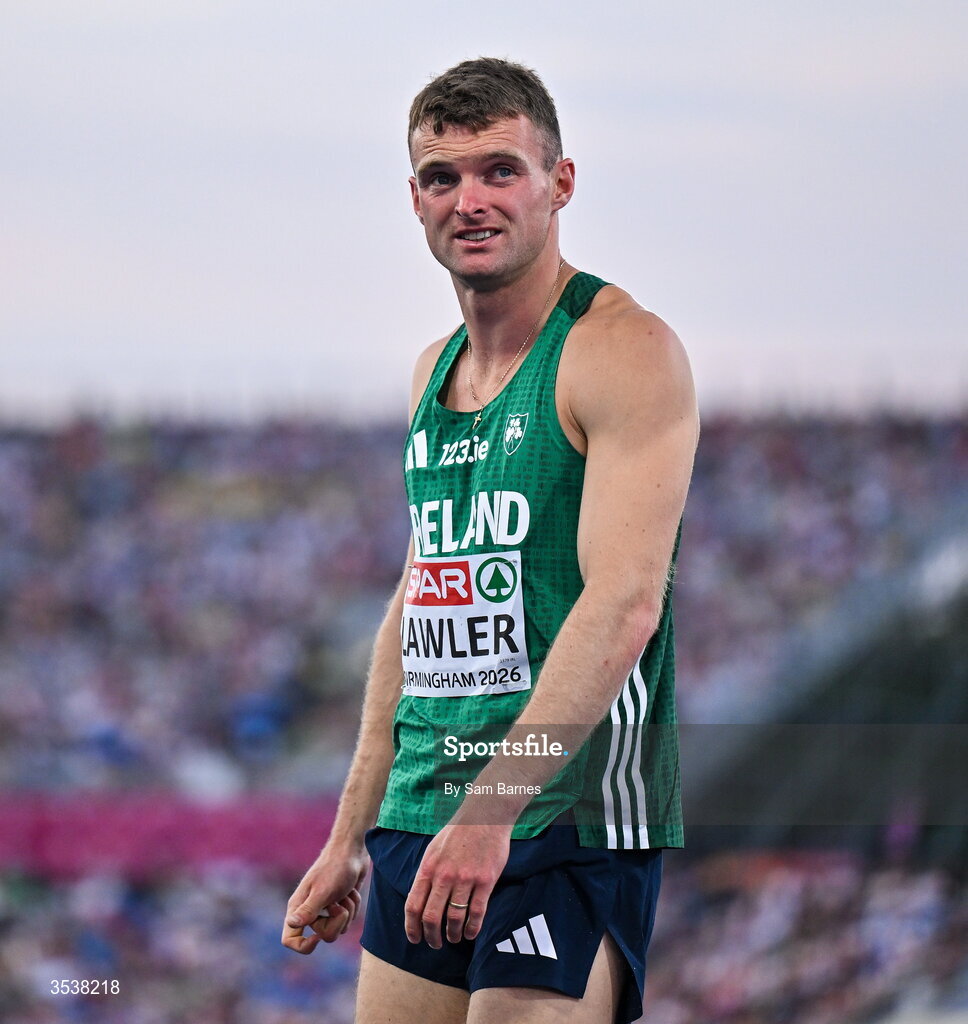 13 August 2026; Marcus Lawler of Ireland reacts after his men's 200m semi-final during day four of the European Athletics Championships 2026 at Alexander Stadium in Birmingham, England. Photo by Sam Barnes/Sportsfile