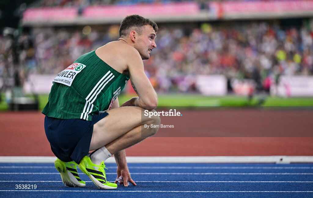 13 August 2026; Marcus Lawler of Ireland reacts after his men's 200m semi-final during day four of the European Athletics Championships 2026 at Alexander Stadium in Birmingham, England. Photo by Sam Barnes/Sportsfile