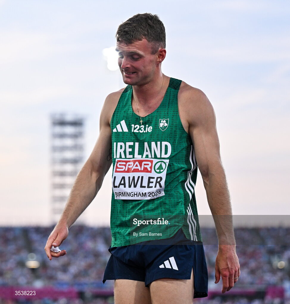 13 August 2026; Marcus Lawler of Ireland reacts after his men's 200m semi-final during day four of the European Athletics Championships 2026 at Alexander Stadium in Birmingham, England. Photo by Sam Barnes/Sportsfile