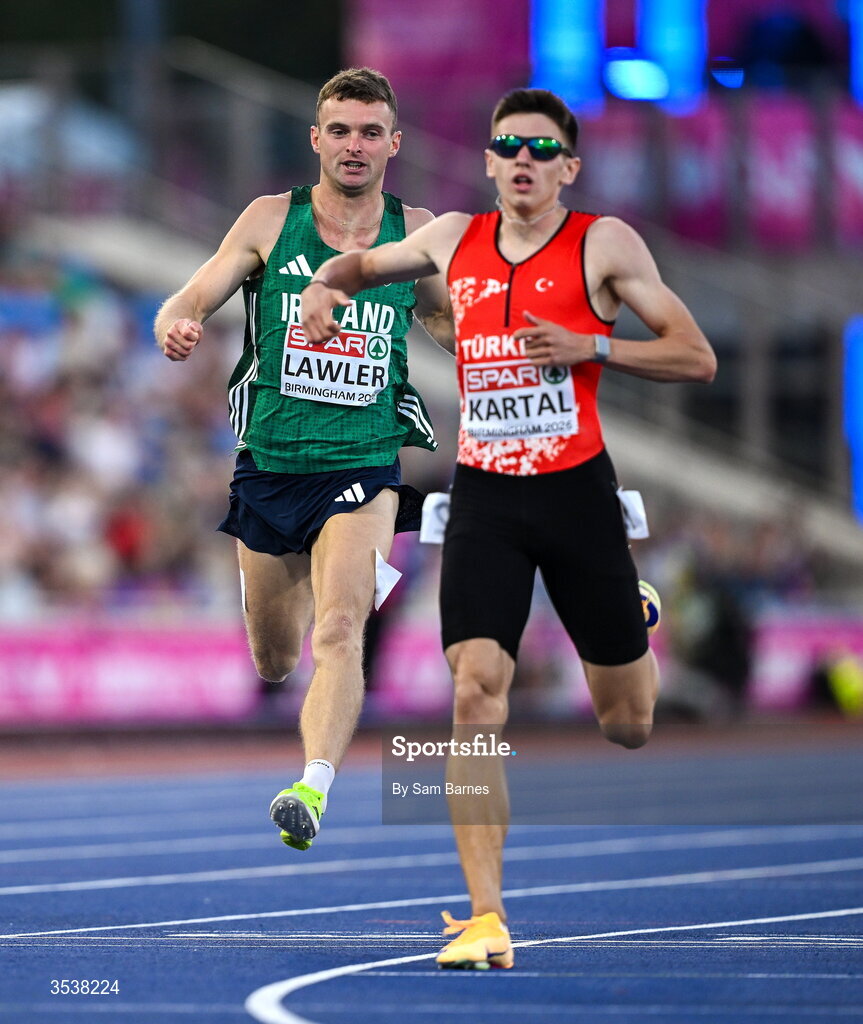 13 August 2026; Marcus Lawler of Ireland, left, competes in his men's 200m semi-final during day four of the European Athletics Championships 2026 at Alexander Stadium in Birmingham, England. Photo by Sam Barnes/Sportsfile