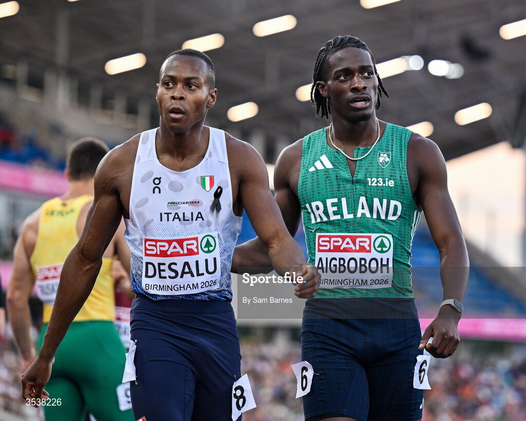 13 August 2026; Eseosa Fostine Desalu of Italy, left, after finishing first and Sean Aigboboh of Ireland, after finishing fourth, after their men's 200m semi-final during day four of the European Athletics Championships 2026 at Alexander Stadium in Birmingham, England. Photo by Sam Barnes/Sportsfile