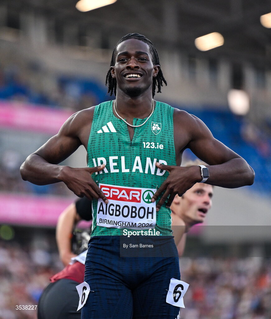 13 August 2026; Sean Aigboboh of Ireland celebrates after finishing fourth in his men's 200m semi-final during day four of the European Athletics Championships 2026 at Alexander Stadium in Birmingham, England. Photo by Sam Barnes/Sportsfile
