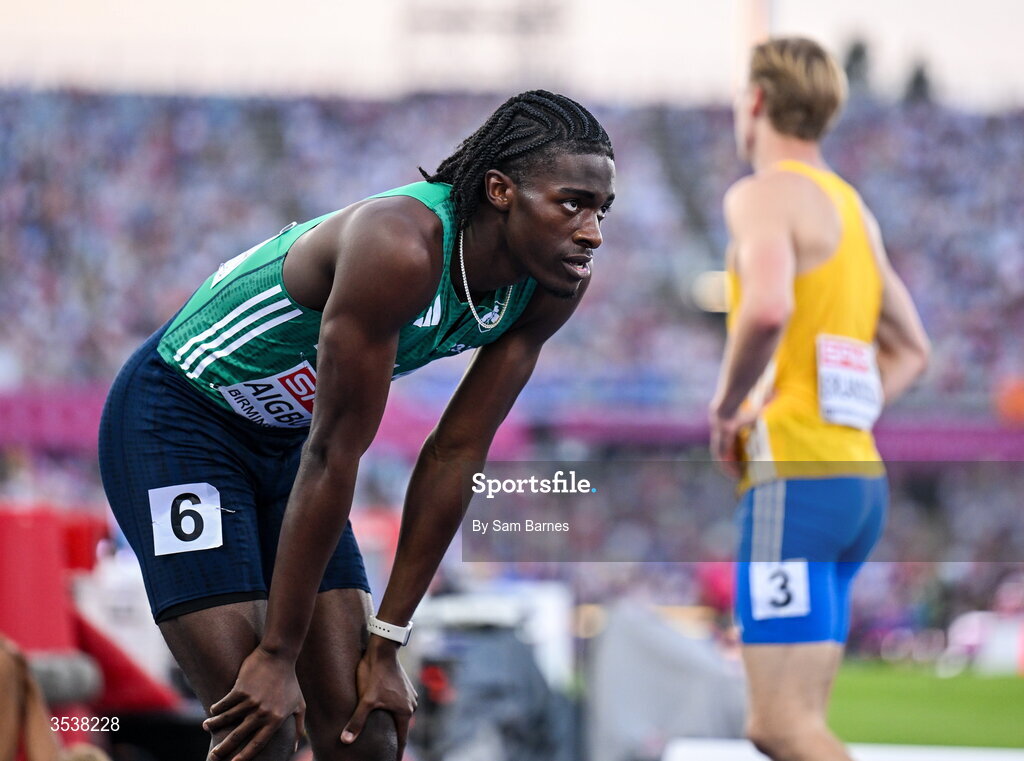 13 August 2026; Sean Aigboboh of Ireland after finishing fourth in his men's 200m semi-final during day four of the European Athletics Championships 2026 at Alexander Stadium in Birmingham, England. Photo by Sam Barnes/Sportsfile