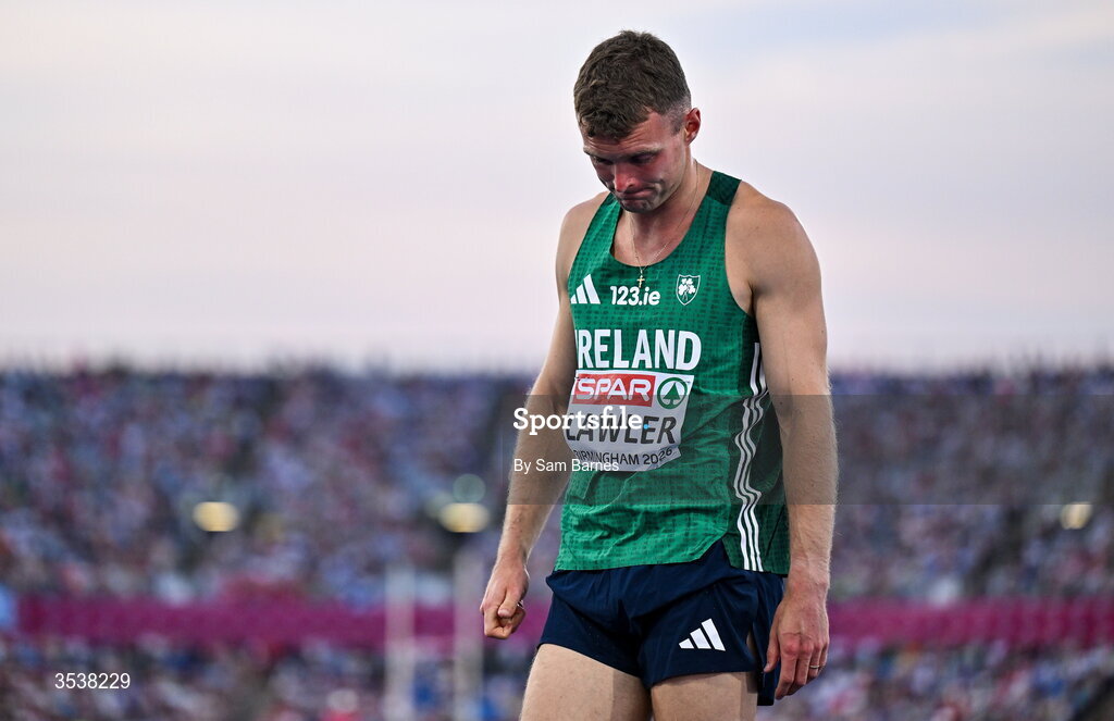 13 August 2026; Marcus Lawler of Ireland reacts after his men's 200m semi-final during day four of the European Athletics Championships 2026 at Alexander Stadium in Birmingham, England. Photo by Sam Barnes/Sportsfile