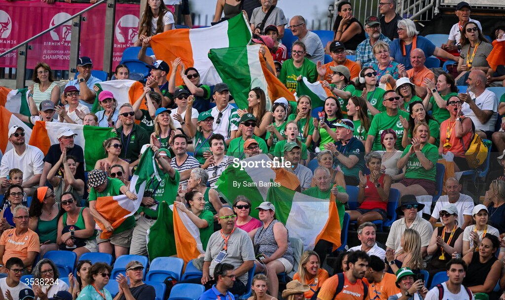 13 August 2026; Irish supporters during day four of the European Athletics Championships 2026 at Alexander Stadium in Birmingham, England. Photo by Sam Barnes/Sportsfile