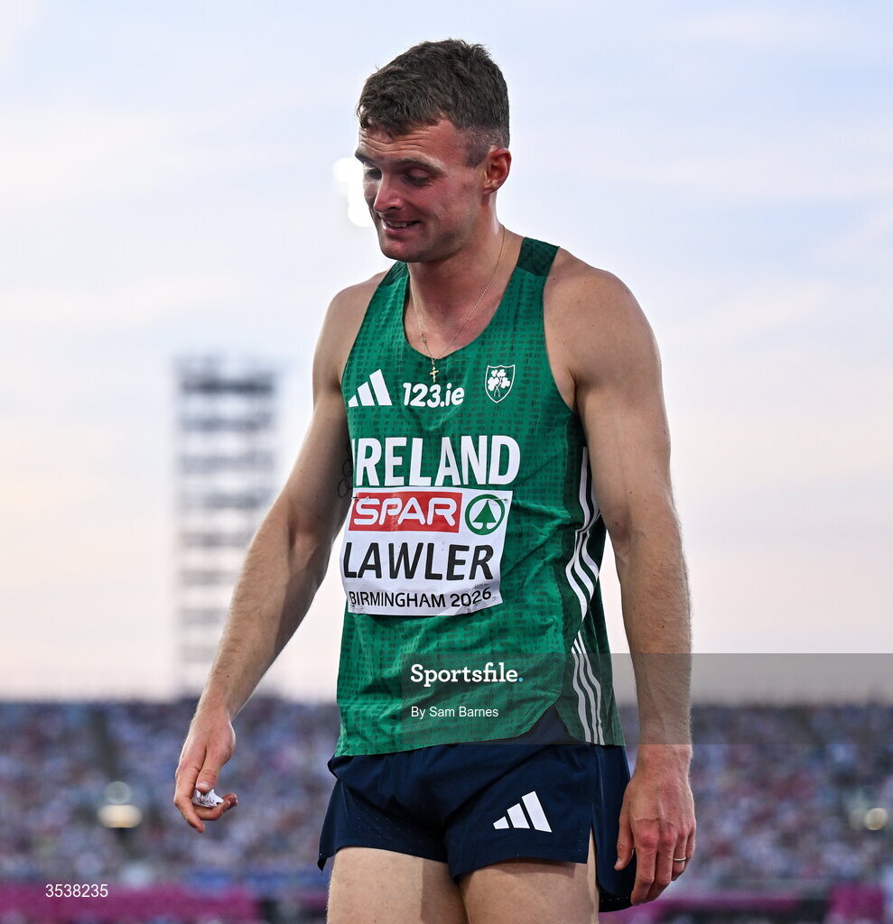 13 August 2026; Marcus Lawler of Ireland after his men's 200m semi-final during day four of the European Athletics Championships 2026 at Alexander Stadium in Birmingham, England. Photo by Sam Barnes/Sportsfile