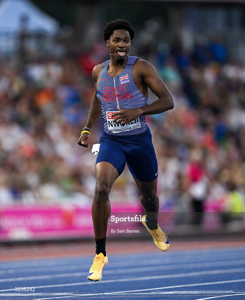 13 August 2026; Ebuka Nwokeji of Great Britain and Northern Ireland competes in his men's 200m semi-final during day four of the European Athletics Championships 2026 at Alexander Stadium in Birmingham, England. Photo by Sam Barnes/Sportsfile
