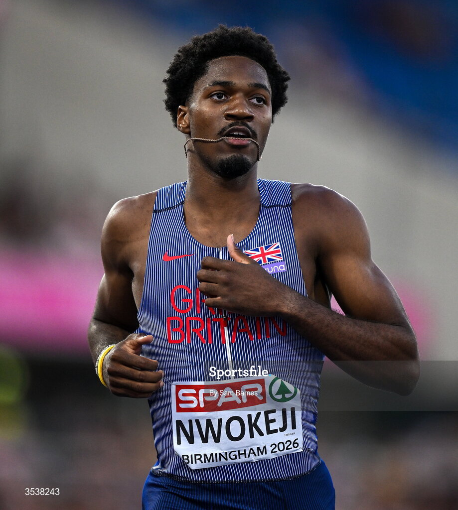 13 August 2026; Ebuka Nwokeji of Great Britain and Northern Ireland after his men's 200m semi-final during day four of the European Athletics Championships 2026 at Alexander Stadium in Birmingham, England. Photo by Sam Barnes/Sportsfile