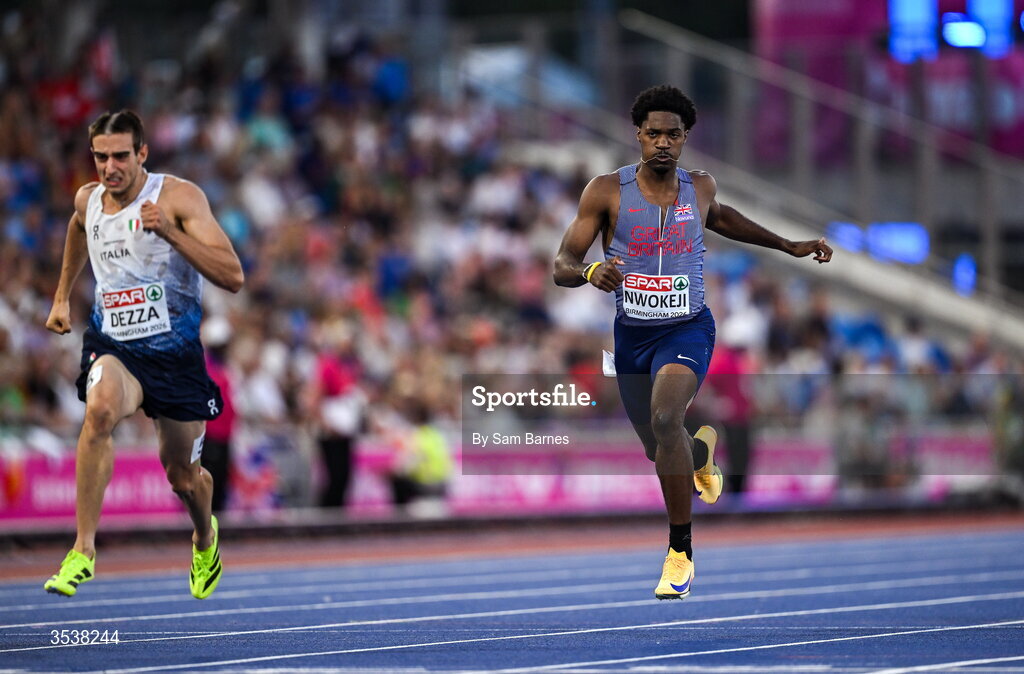 13 August 2026; Ebuka Nwokeji of Great Britain and Northern Ireland competes in his men's 200m semi-final during day four of the European Athletics Championships 2026 at Alexander Stadium in Birmingham, England. Photo by Sam Barnes/Sportsfile