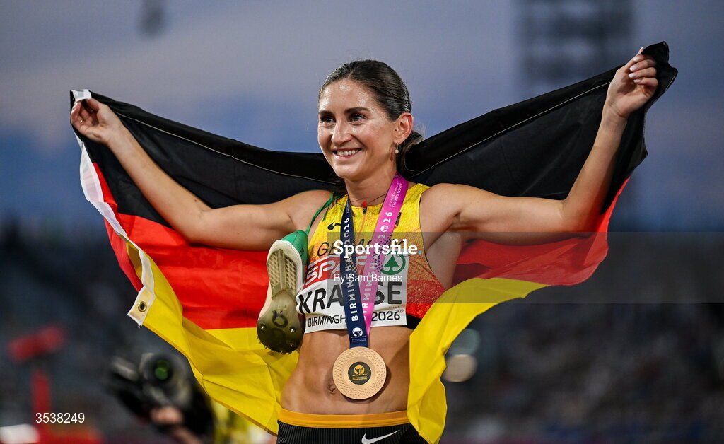 13 August 2026; Gesa Felicitas Krause of Germany celebrates finishing first with her gold medal after the women's 3000m steeplechase final during day four of the European Athletics Championships 2026 at Alexander Stadium in Birmingham, England. Photo by Sam Barnes/Sportsfile