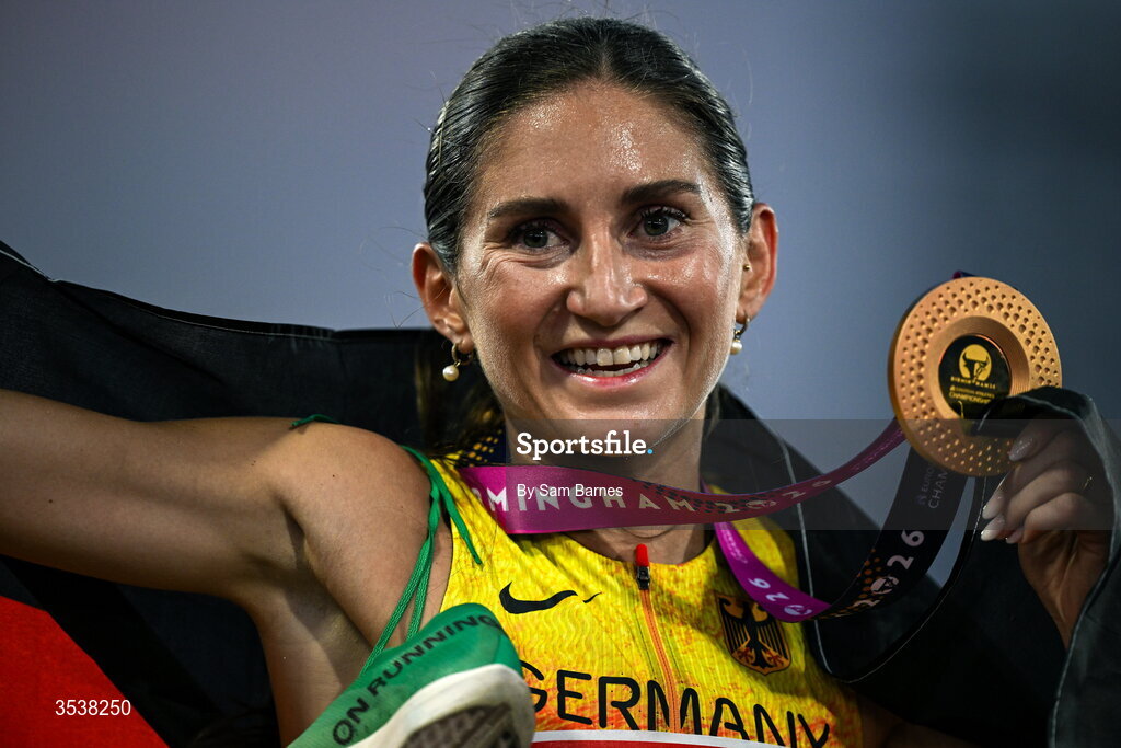 13 August 2026; Gesa Felicitas Krause of Germany celebrates finishing first and winning the gold medal after the women's 3000m steeplechase final during day four of the European Athletics Championships 2026 at Alexander Stadium in Birmingham, England. Photo by Sam Barnes/Sportsfile