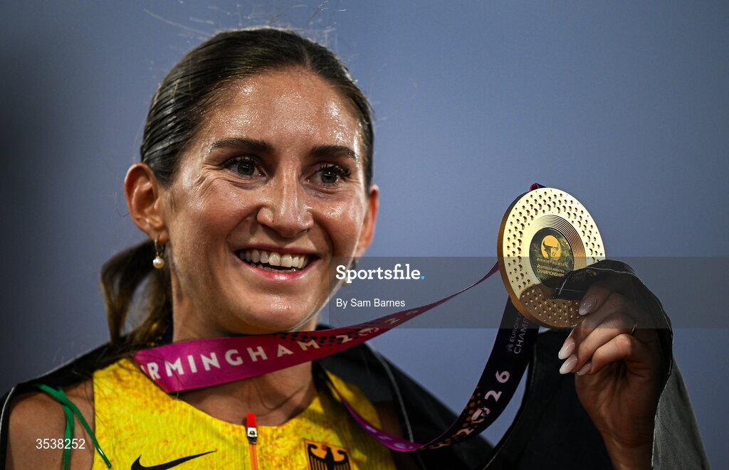 13 August 2026; Gesa Felicitas Krause of Germany celebrates finishing first with her gold medal after the women's 3000m steeplechase final during day four of the European Athletics Championships 2026 at Alexander Stadium in Birmingham, England. Photo by Sam Barnes/Sportsfile