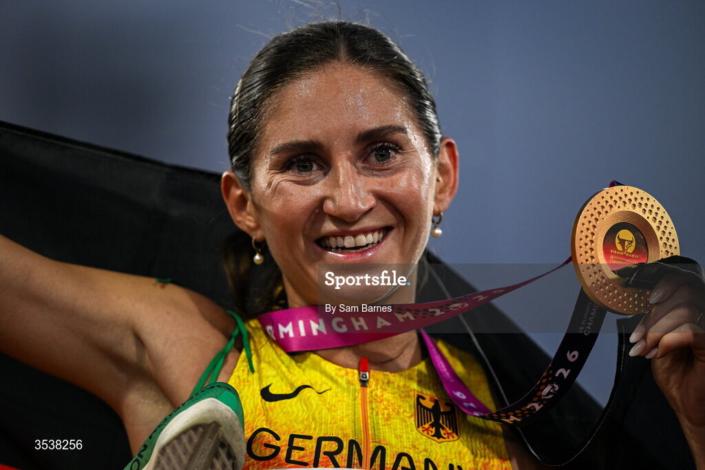 13 August 2026; Gesa Felicitas Krause of Germany celebrates finishing first with her gold medal after the women's 3000m steeplechase final during day four of the European Athletics Championships 2026 at Alexander Stadium in Birmingham, England. Photo by Sam Barnes/Sportsfile