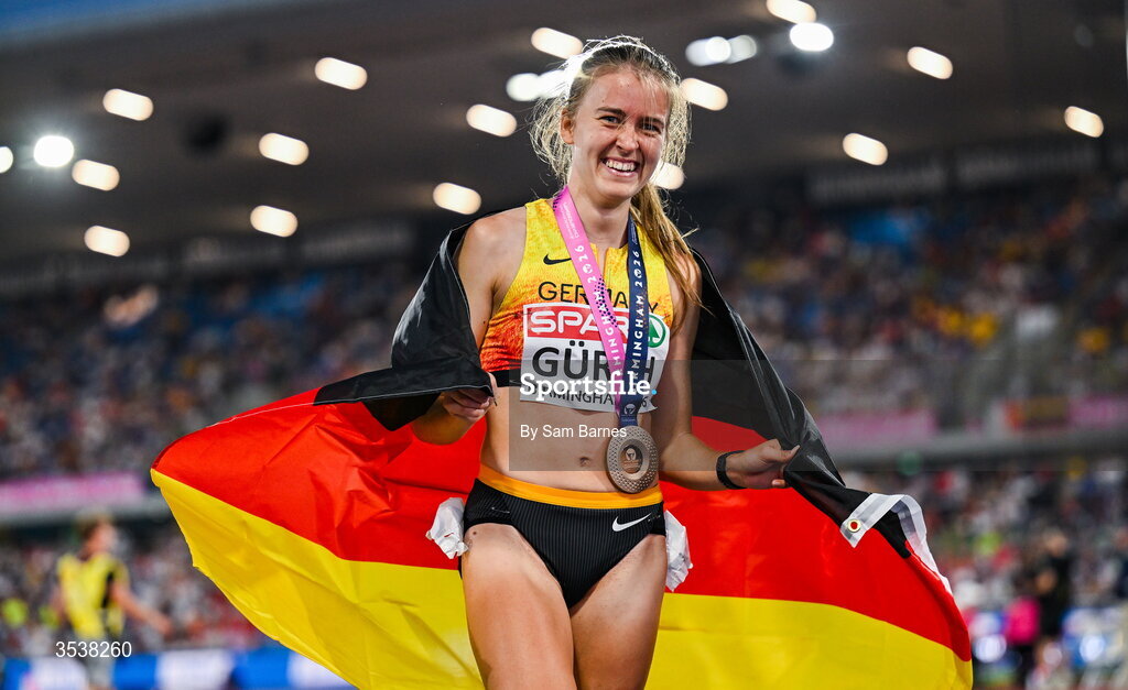 13 August 2026; Olivia Gürth of Germany celebrates finishing third with her bronze medal after the women's 3000m steeplechase final during day four of the European Athletics Championships 2026 at Alexander Stadium in Birmingham, England. Photo by Sam Barnes/Sportsfile