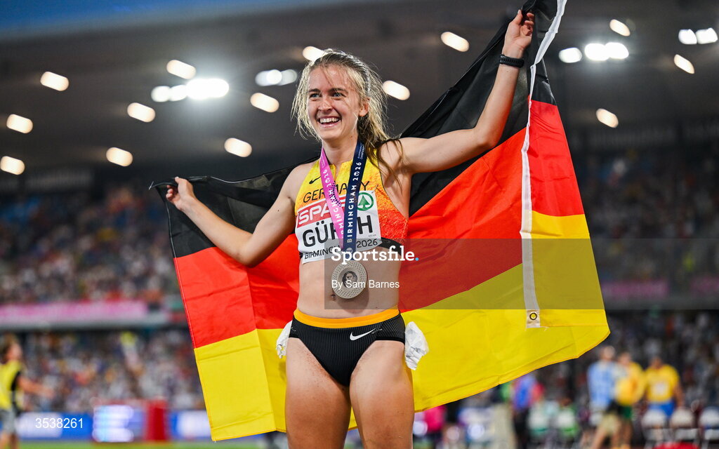 13 August 2026; Olivia Gürth of Germany celebrates finishing third with her bronze medal after the women's 3000m steeplechase final during day four of the European Athletics Championships 2026 at Alexander Stadium in Birmingham, England. Photo by Sam Barnes/Sportsfile