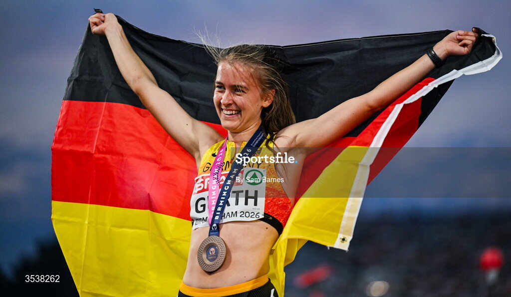 13 August 2026; Olivia Gürth of Germany celebrates finishing third with her bronze medal after the women's 3000m steeplechase final during day four of the European Athletics Championships 2026 at Alexander Stadium in Birmingham, England. Photo by Sam Barnes/Sportsfile