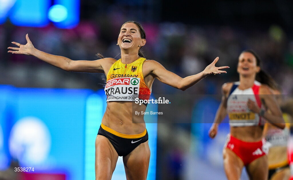 13 August 2026; Gesa Felicitas Krause of Germany celebrates winning the women's 3000m steeplechase final during day four of the European Athletics Championships 2026 at Alexander Stadium in Birmingham, England. Photo by Sam Barnes/Sportsfile