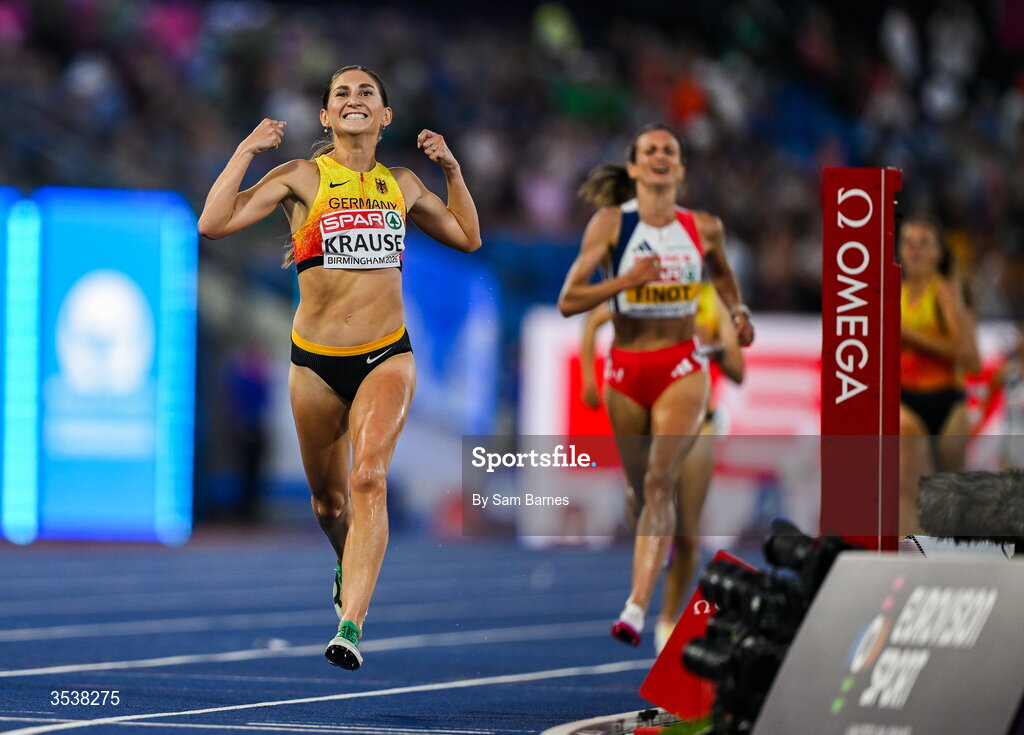 13 August 2026; Gesa Felicitas Krause of Germany celebrates winning the women's 3000m steeplechase final during day four of the European Athletics Championships 2026 at Alexander Stadium in Birmingham, England. Photo by Sam Barnes/Sportsfile