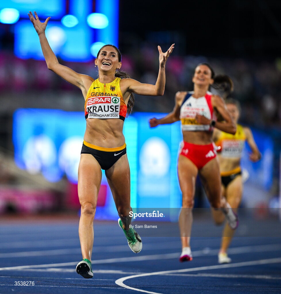 13 August 2026; Gesa Felicitas Krause of Germany celebrates winning the women's 3000m steeplechase final during day four of the European Athletics Championships 2026 at Alexander Stadium in Birmingham, England. Photo by Sam Barnes/Sportsfile