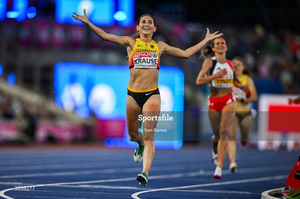 13 August 2026; Gesa Felicitas Krause of Germany celebrates winning the women's 3000m steeplechase final during day four of the European Athletics Championships 2026 at Alexander Stadium in Birmingham, England. Photo by Sam Barnes/Sportsfile