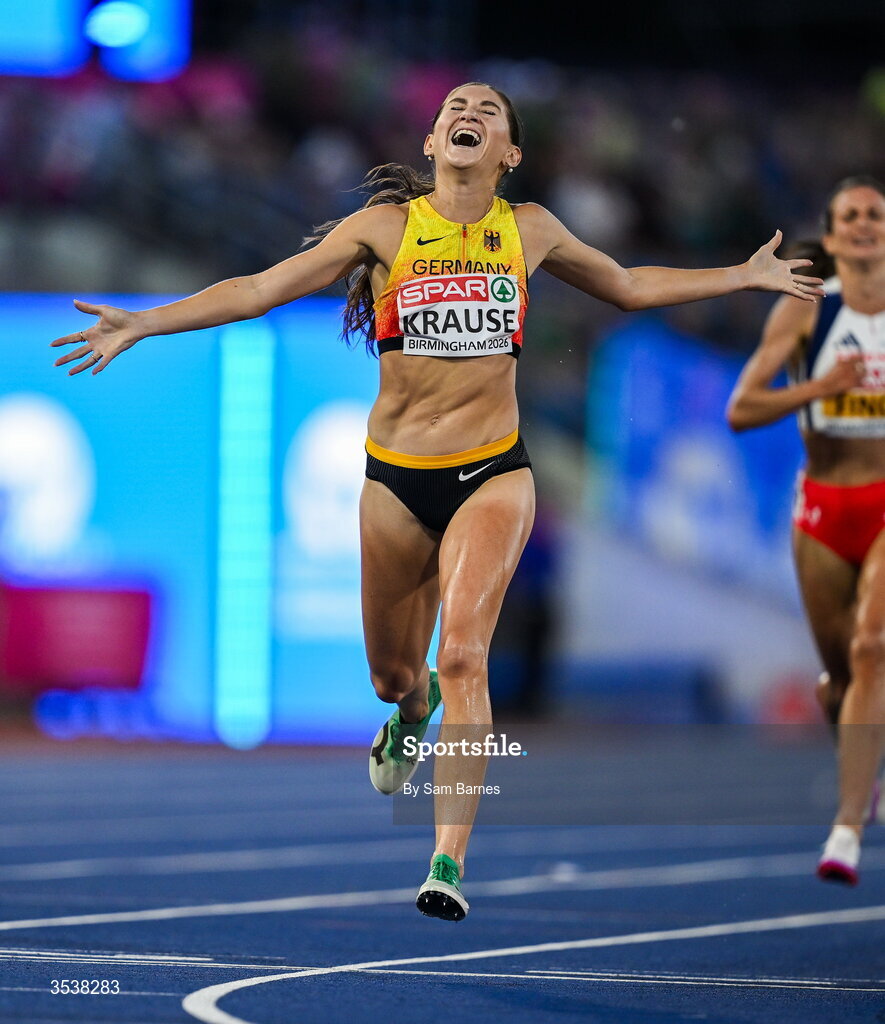 13 August 2026; Gesa Felicitas Krause of Germany celebrates winning the women's 3000m steeplechase final during day four of the European Athletics Championships 2026 at Alexander Stadium in Birmingham, England. Photo by Sam Barnes/Sportsfile