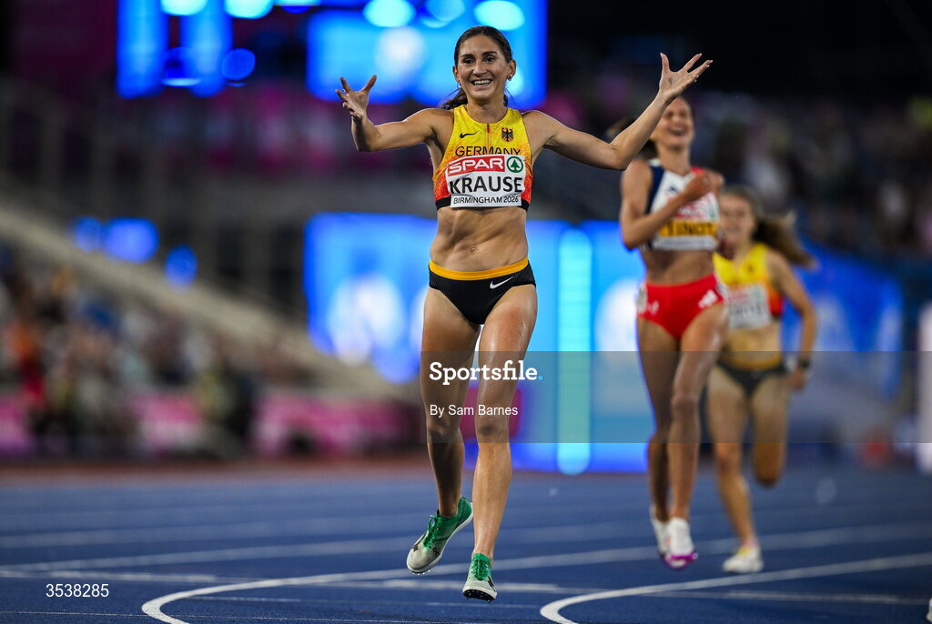 13 August 2026; Gesa Felicitas Krause of Germany celebrates winning the women's 3000m steeplechase final during day four of the European Athletics Championships 2026 at Alexander Stadium in Birmingham, England. Photo by Sam Barnes/Sportsfile