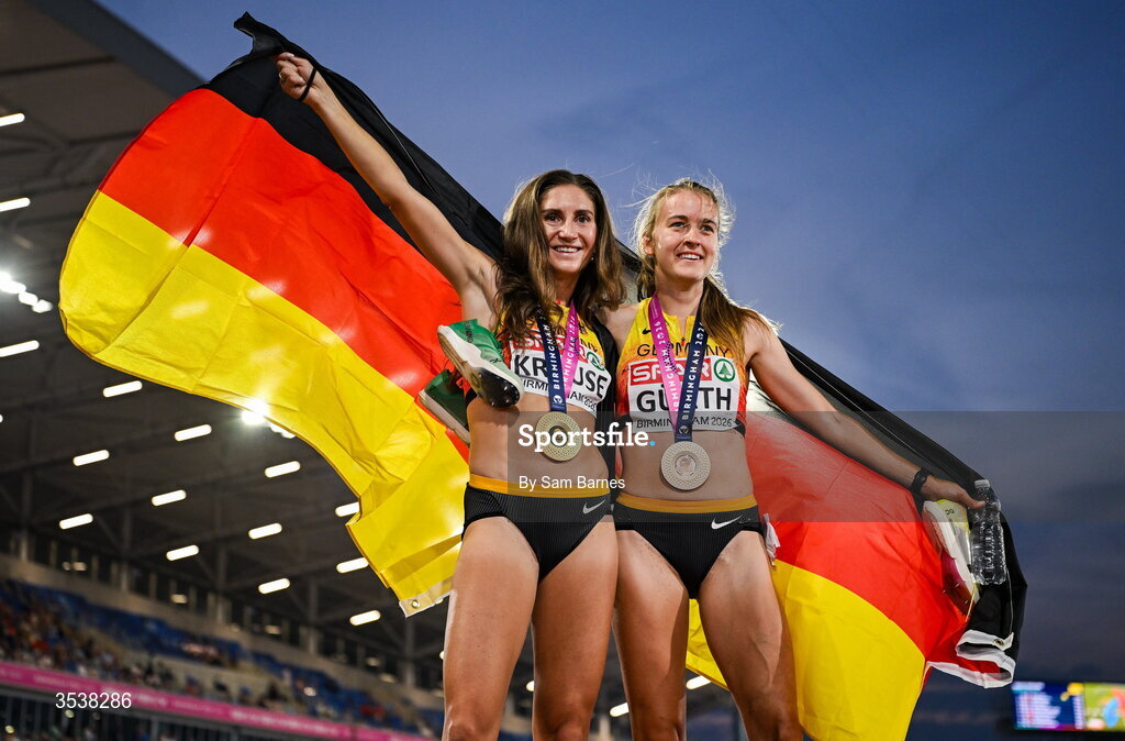 13 August 2026; Gesa Felicitas Krause and Olivia Gürth of Germany celebrate finishing first and third in the women's 3000m steeplechase final during day four of the European Athletics Championships 2026 at Alexander Stadium in Birmingham, England. Photo by Sam Barnes/Sportsfile