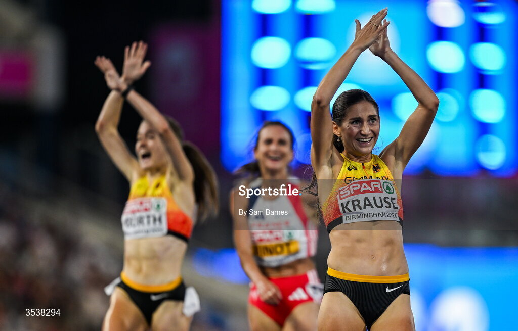 13 August 2026; Gesa Felicitas Krause of Germany celebrates winning the women's 3000m steeplechase final during day four of the European Athletics Championships 2026 at Alexander Stadium in Birmingham, England. Photo by Sam Barnes/Sportsfile