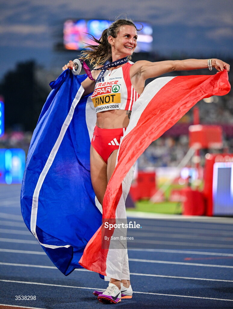 13 August 2026; Alice Finot of France celebrates finishing second and winning the silver medal after the women's 3000m steeplechase final during day four of the European Athletics Championships 2026 at Alexander Stadium in Birmingham, England. Photo by Sam Barnes/Sportsfile