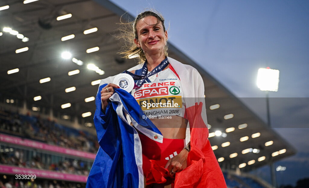 13 August 2026; Alice Finot of France celebrates finishing second and winning the silver medal after the women's 3000m steeplechase final during day four of the European Athletics Championships 2026 at Alexander Stadium in Birmingham, England. Photo by Sam Barnes/Sportsfile