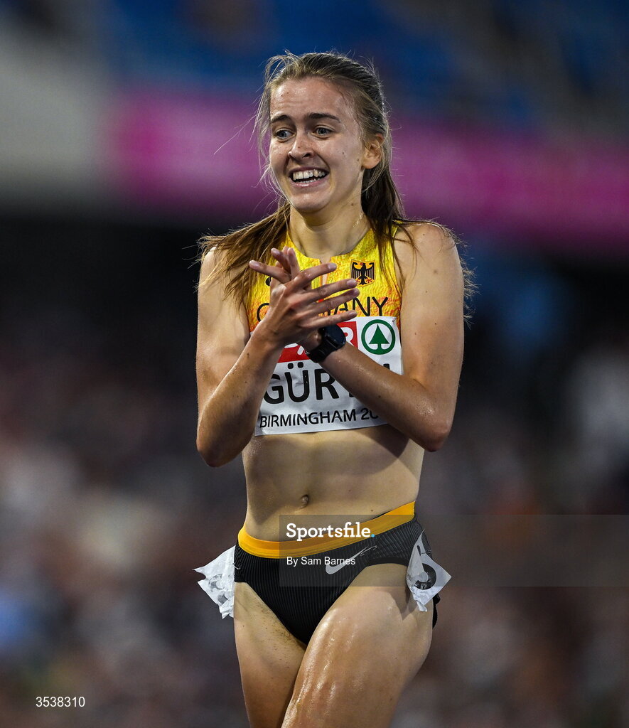 13 August 2026; Olivia Gürth of Germany celebrates finishing third and winning a bronze medal after the women's 3000m steeplechase final during day four of the European Athletics Championships 2026 at Alexander Stadium in Birmingham, England. Photo by Sam Barnes/Sportsfile