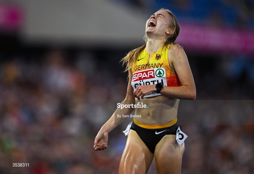 13 August 2026; Olivia Gürth of Germany celebrates finishing third and winning a bronze medal after the women's 3000m steeplechase final during day four of the European Athletics Championships 2026 at Alexander Stadium in Birmingham, England. Photo by Sam Barnes/Sportsfile