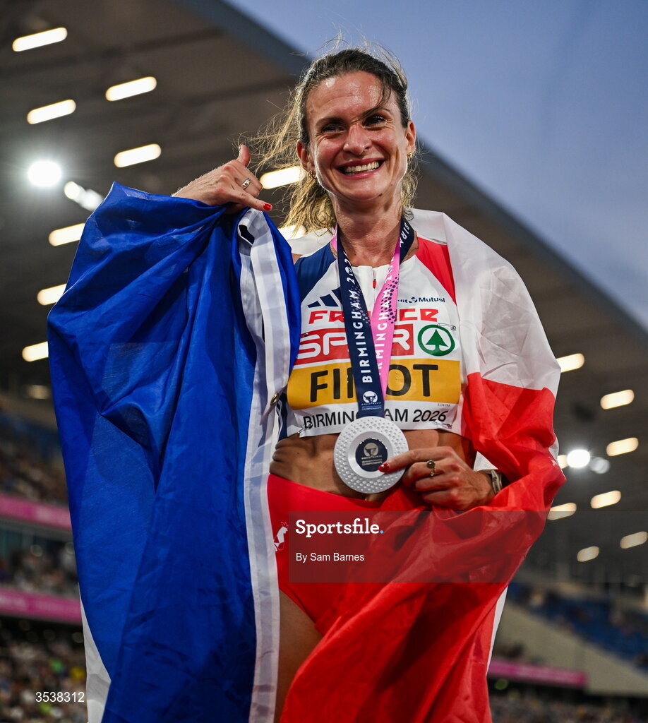 13 August 2026; Alice Finot of France celebrates finishing second and winning the silver medal after the women's 3000m steeplechase final during day four of the European Athletics Championships 2026 at Alexander Stadium in Birmingham, England. Photo by Sam Barnes/Sportsfile