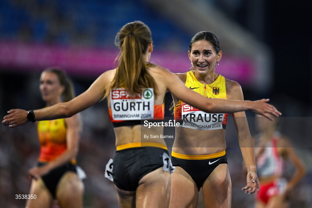 13 August 2026; Gesa Felicitas Krause, right, and Olivia Gürth  of Germany celebrate finishing first and third after the women's 3000m steeplechase final during day four of the European Athletics Championships 2026 at Alexander Stadium in Birmingham, England. Photo by Sam Barnes/Sportsfile
