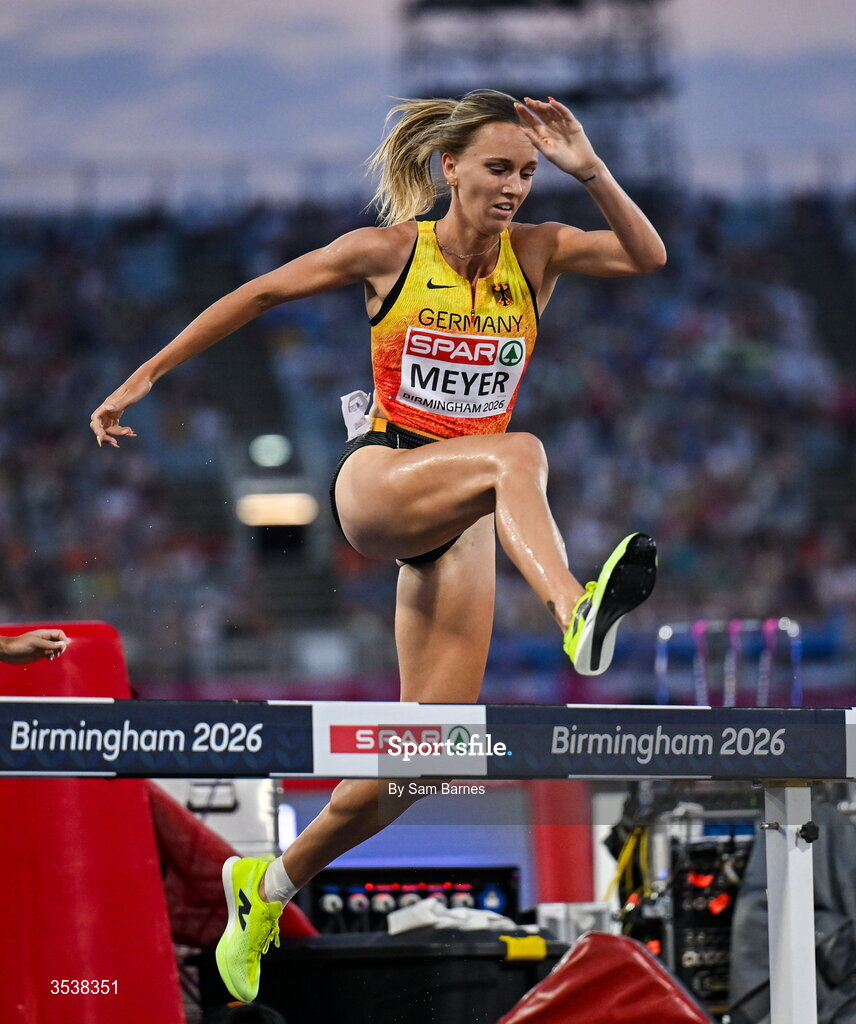 13 August 2026; Lea Meyer of Germany competes in the women's 3000m steeplechase final during day four of the European Athletics Championships 2026 at Alexander Stadium in Birmingham, England. Photo by Sam Barnes/Sportsfile