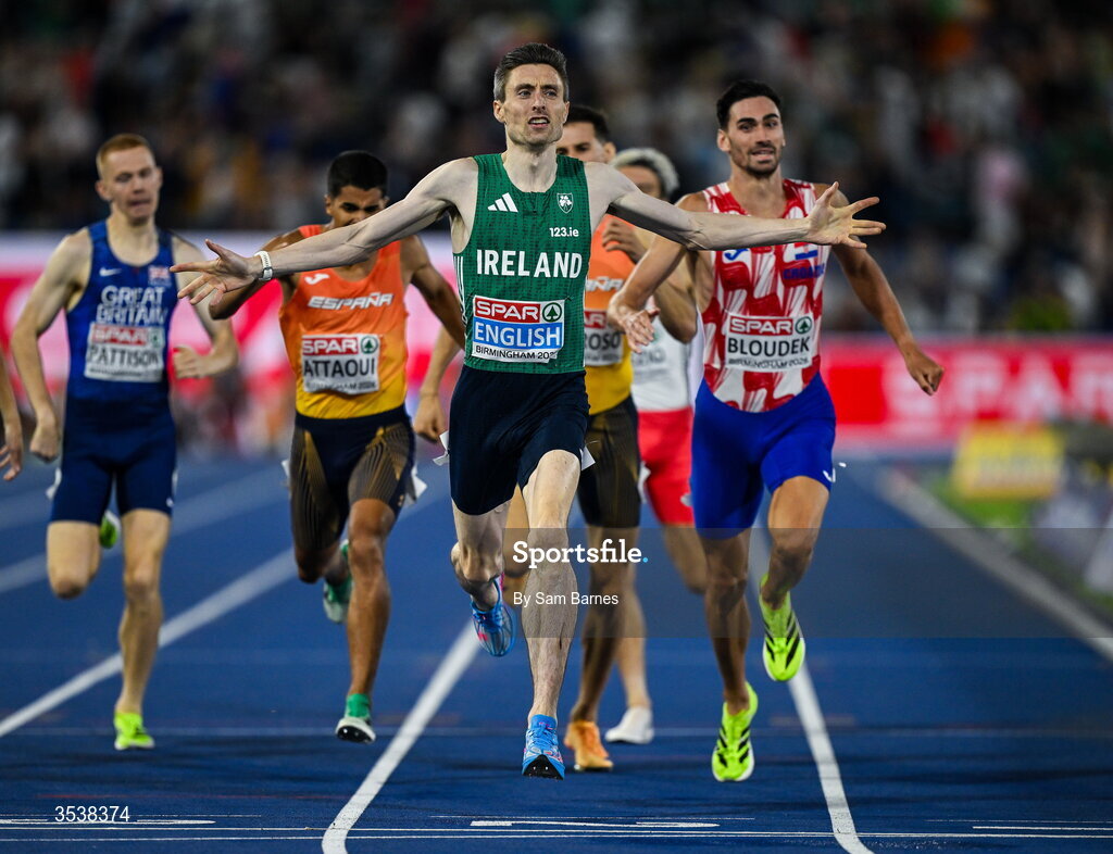 13 August 2026; Mark English of Ireland celebrates after finishing first with time 1:45.26 and winning the gold medal in the men's 800m final during day four of the European Athletics Championships 2026 at Alexander Stadium in Birmingham, England. Photo by Sam Barnes/Sportsfile