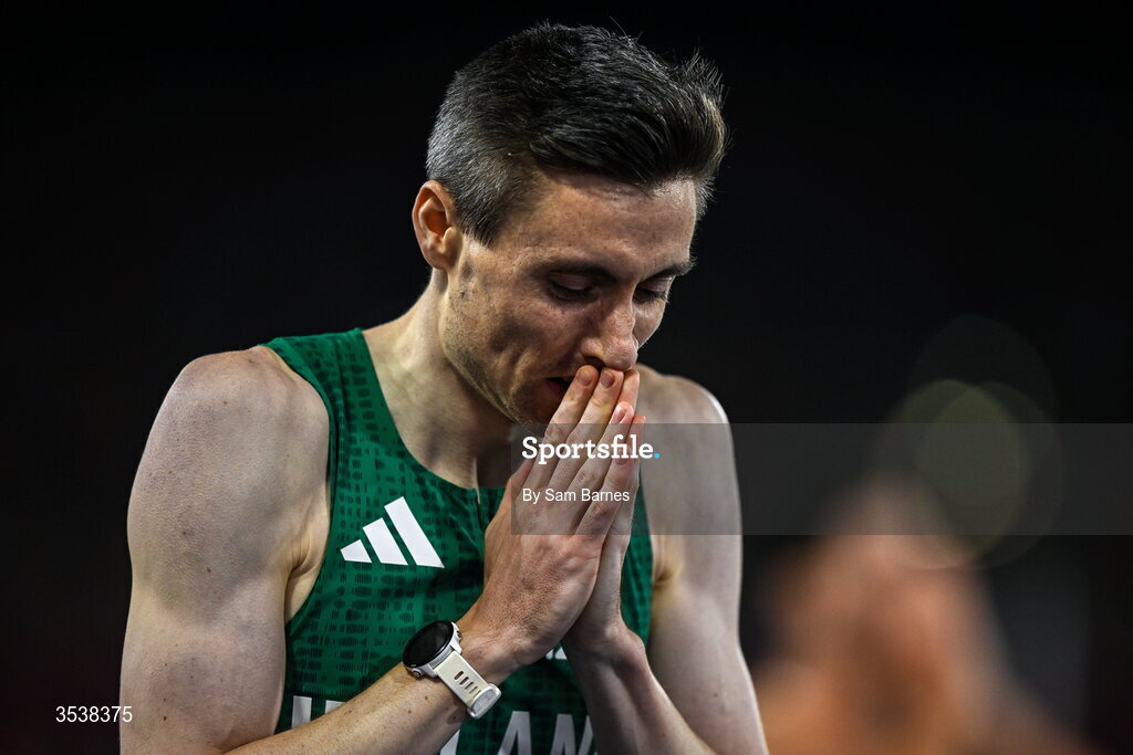 13 August 2026; Mark English of Ireland celebrates after finishing first with time 1:45.26 and winning the gold medal in the men's 800m final during day four of the European Athletics Championships 2026 at Alexander Stadium in Birmingham, England. Photo by Sam Barnes/Sportsfile