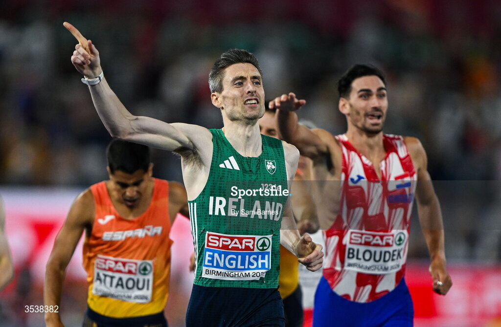 13 August 2026; Mark English of Ireland celebrates after finishing first with time 1:45.26 and winning the gold medal in the men's 800m final during day four of the European Athletics Championships 2026 at Alexander Stadium in Birmingham, England. Photo by Sam Barnes/Sportsfile