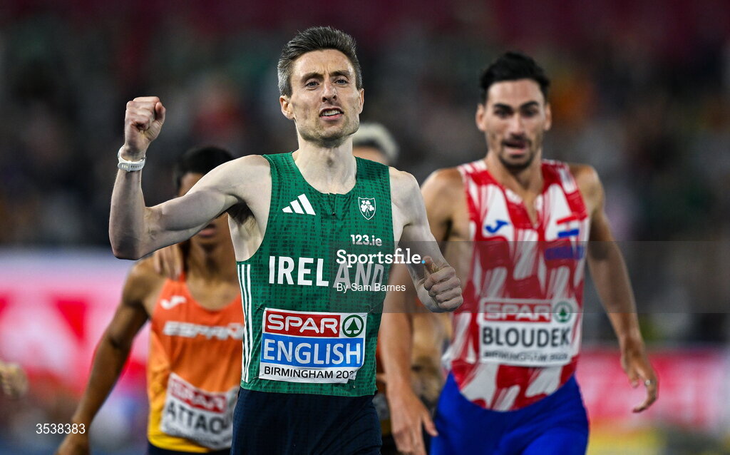 13 August 2026; Mark English of Ireland celebrates after finishing first with time 1:45.26 and winning the gold medal in the men's 800m final during day four of the European Athletics Championships 2026 at Alexander Stadium in Birmingham, England. Photo by Sam Barnes/Sportsfile