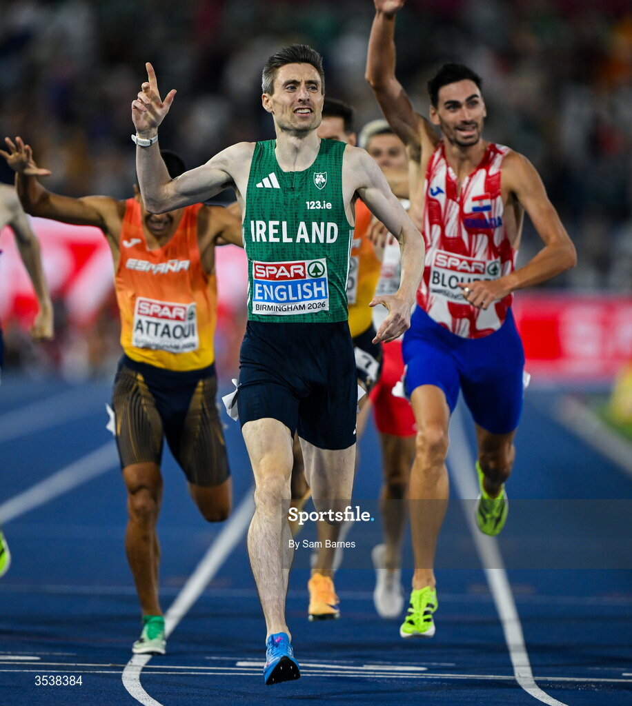 13 August 2026; Mark English of Ireland celebrates after finishing first with time 1:45.26 and winning the gold medal in the men's 800m final during day four of the European Athletics Championships 2026 at Alexander Stadium in Birmingham, England. Photo by Sam Barnes/Sportsfile