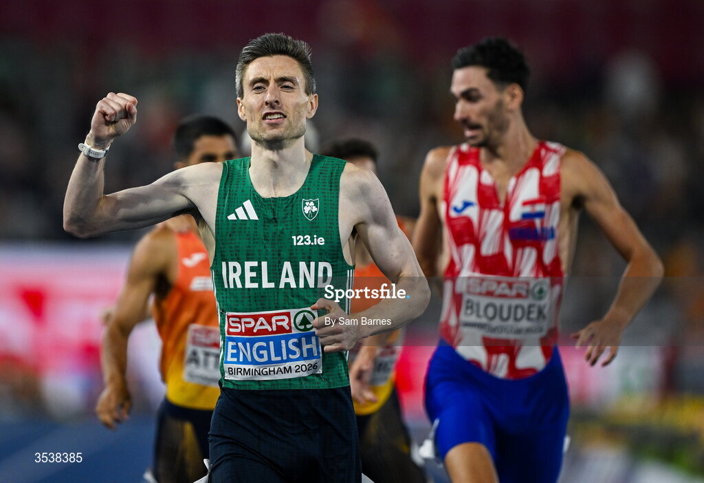 13 August 2026; Mark English of Ireland celebrates after finishing first with time 1:45.26 and winning the gold medal in the men's 800m final during day four of the European Athletics Championships 2026 at Alexander Stadium in Birmingham, England. Photo by Sam Barnes/Sportsfile