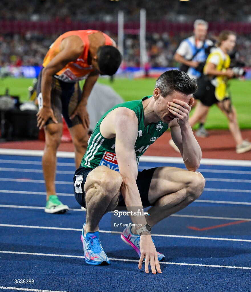 13 August 2026; Mark English of Ireland celebrates after finishing first with time 1:45.26 and winning the gold medal in the men's 800m final during day four of the European Athletics Championships 2026 at Alexander Stadium in Birmingham, England. Photo by Sam Barnes/Sportsfile