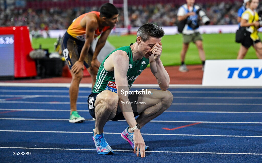 13 August 2026; Mark English of Ireland celebrates after finishing first with time 1:45.26 and winning the gold medal in the men's 800m final during day four of the European Athletics Championships 2026 at Alexander Stadium in Birmingham, England. Photo by Sam Barnes/Sportsfile