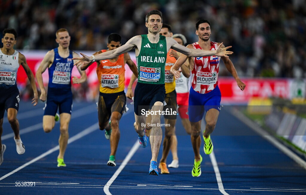 13 August 2026; Mark English of Ireland celebrates after finishing first and winning gold medal in the men's 800m final during day four of the European Athletics Championships 2026 at Alexander Stadium in Birmingham, England. Photo by Sam Barnes/Sportsfile