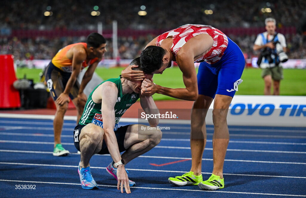 13 August 2026; Mark English of Ireland is congratulated by Marino Bloudek of Croatia after finishing first and winning the gold medal in the men's 800m final during day four of the European Athletics Championships 2026 at Alexander Stadium in Birmingham, England. Photo by Sam Barnes/Sportsfile