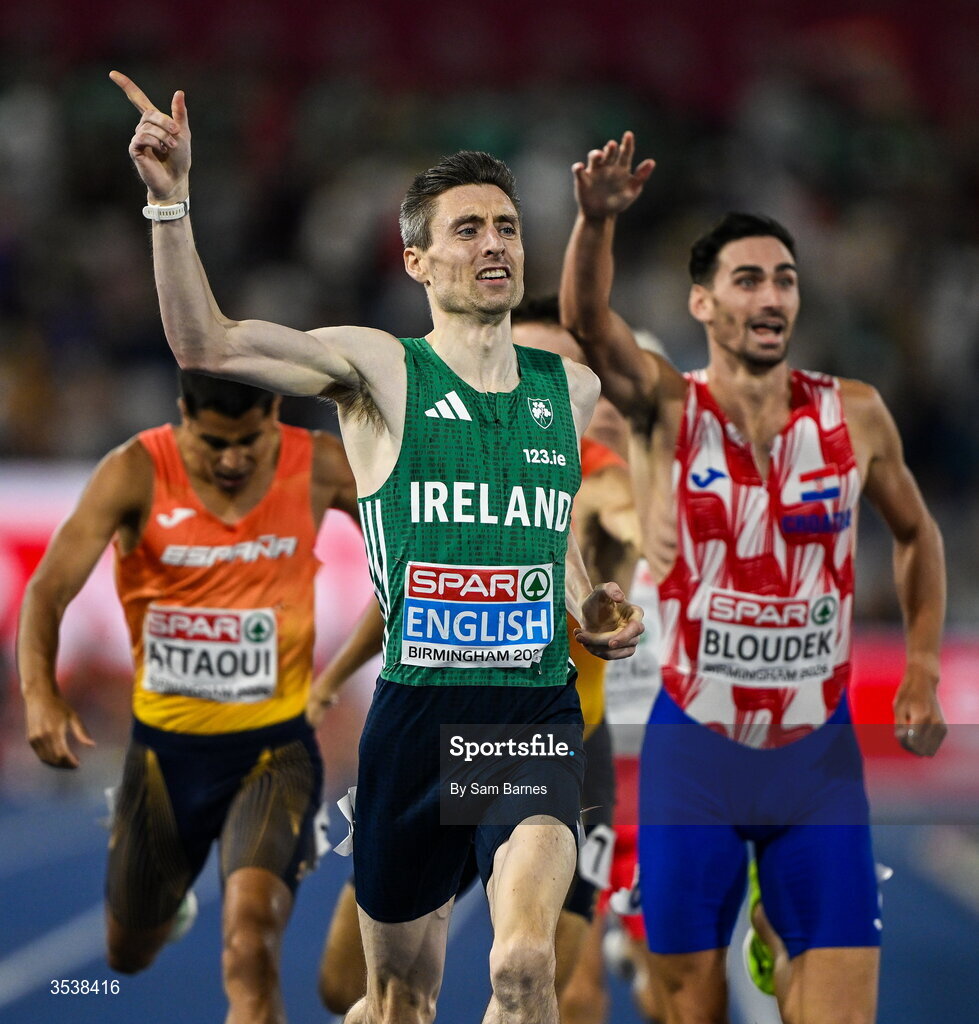 13 August 2026; Mark English of Ireland celebrates after finishing first with time 1:45.26 and winning the gold medal in the men's 800m final during day four of the European Athletics Championships 2026 at Alexander Stadium in Birmingham, England. Photo by Sam Barnes/Sportsfile
