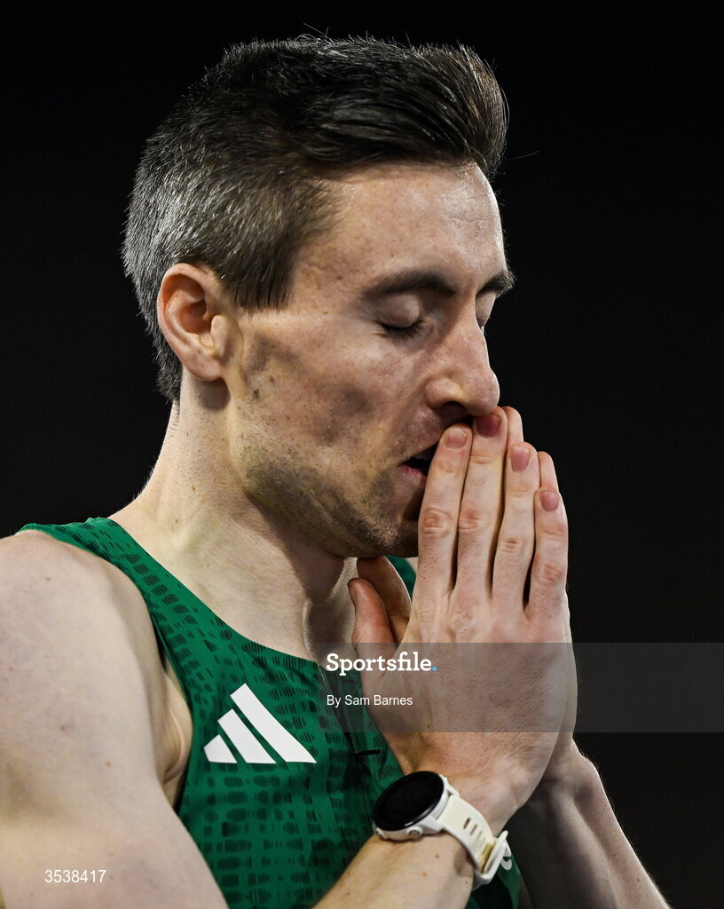 13 August 2026; Mark English of Ireland celebrates after finishing first with time 1:45.26 and winning the gold medal in the men's 800m final during day four of the European Athletics Championships 2026 at Alexander Stadium in Birmingham, England. Photo by Sam Barnes/Sportsfile