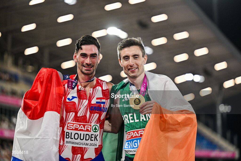 13 August 2026; Mark English of Ireland, right, celebrates after finishing first and winning the gold medal, alongside Marino Bloudek of Croatia, who fininshed second, in the men's 800m final during day four of the European Athletics Championships 2026 at Alexander Stadium in Birmingham, England. Photo by Sam Barnes/Sportsfile