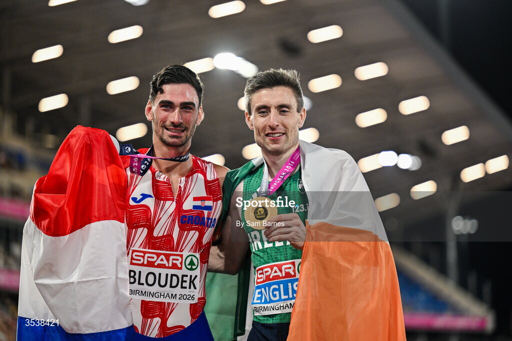 13 August 2026; Mark English of Ireland, right, celebrates after finishing first and winning the gold medal, alongside Marino Bloudek of Croatia, who fininshed second, in the men's 800m final during day four of the European Athletics Championships 2026 at Alexander Stadium in Birmingham, England. Photo by Sam Barnes/Sportsfile